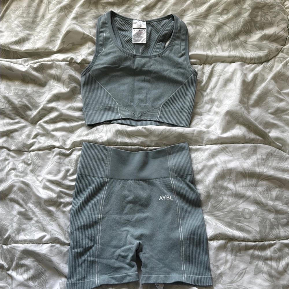 AYBL Ribbed Sports Bra and Shorts Set in Blue